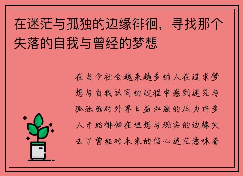 在迷茫与孤独的边缘徘徊,寻找那个失落的自我与曾经的梦想 在迷茫与孤独的边缘徘徊,寻找那个失落的自我与曾经的梦想