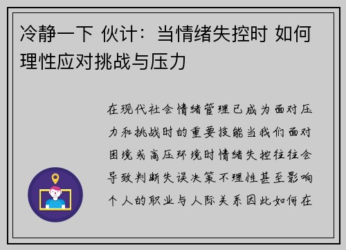 冷静一下 伙计：当情绪失控时 如何理性应对挑战与压力